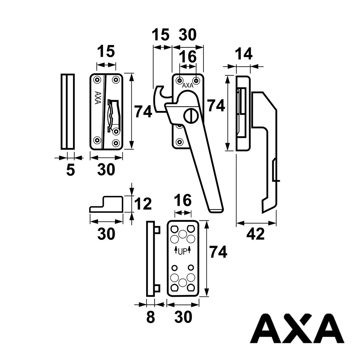 Alternatieve afbeelding voor AXA Fensterverschluß 3319 mit Ventilationsnocke en Zylinderslot rechts Schwarz SKG*