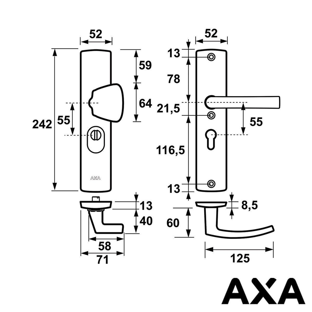 Alternatieve afbeelding voor AXA Sicherheits Türbeschlag Curve Plus Knopf-Griff pc55 geschliffen Schwarz SKG***