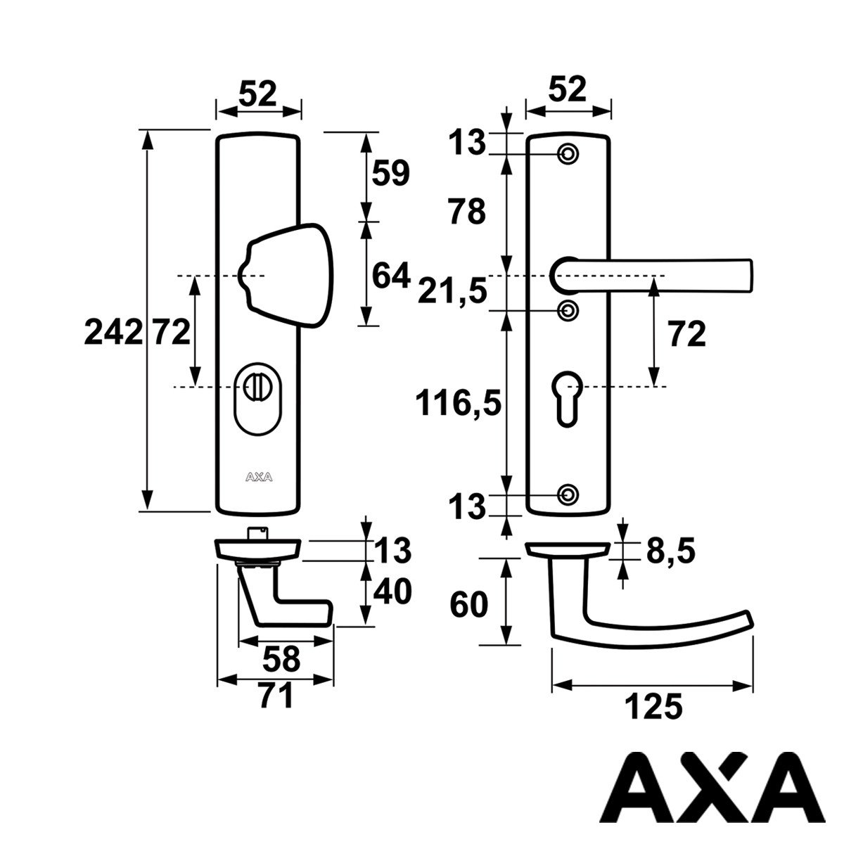 Alternatieve afbeelding voor AXA Sicherheits Türbeschlag Curve Plus Knopf-Griff pc72 geschliffen Alu SKG***