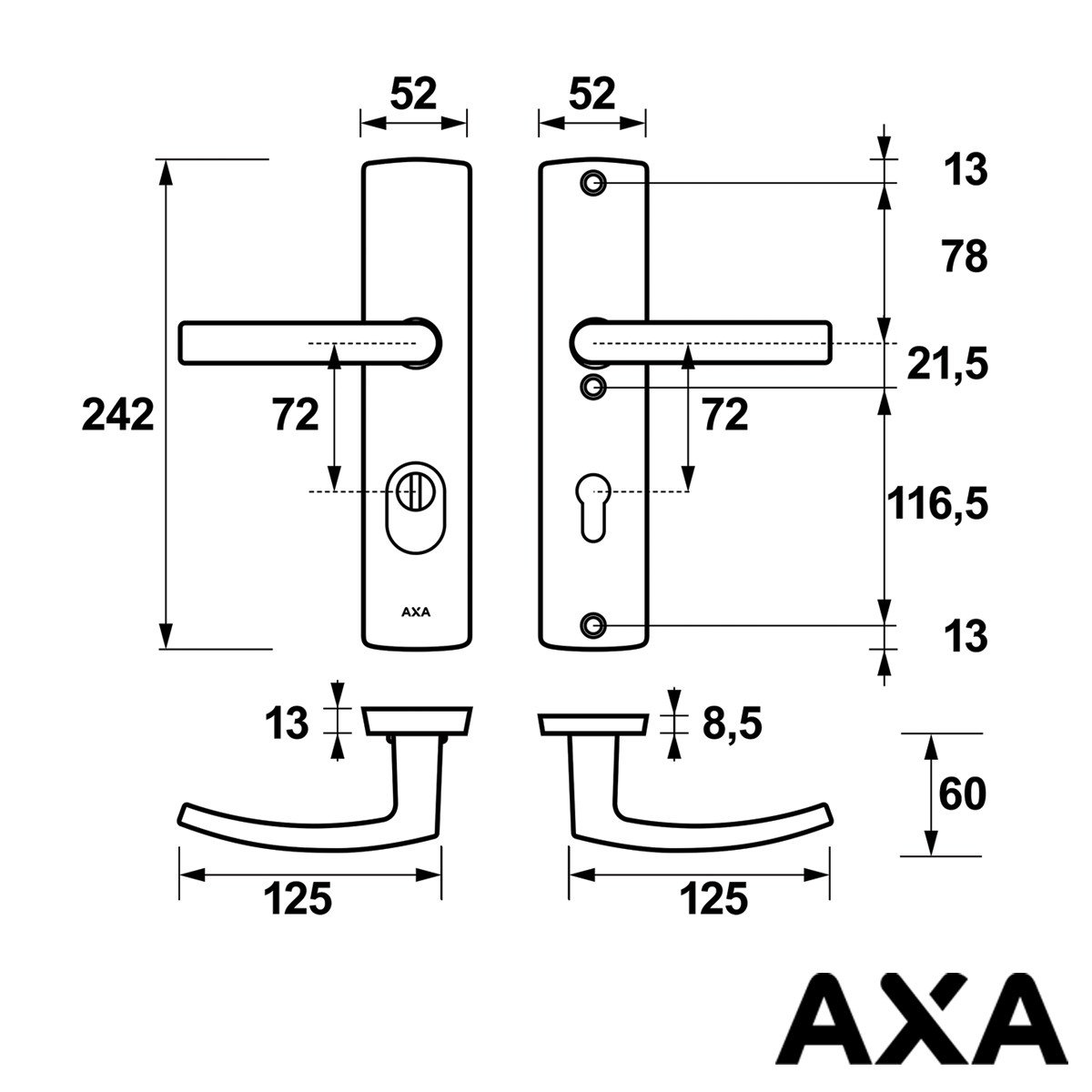 Alternatieve afbeelding voor AXA Sicherheits Türbeschlag curve plus kruk-kruk pc72 geschliffen Alu SKG***