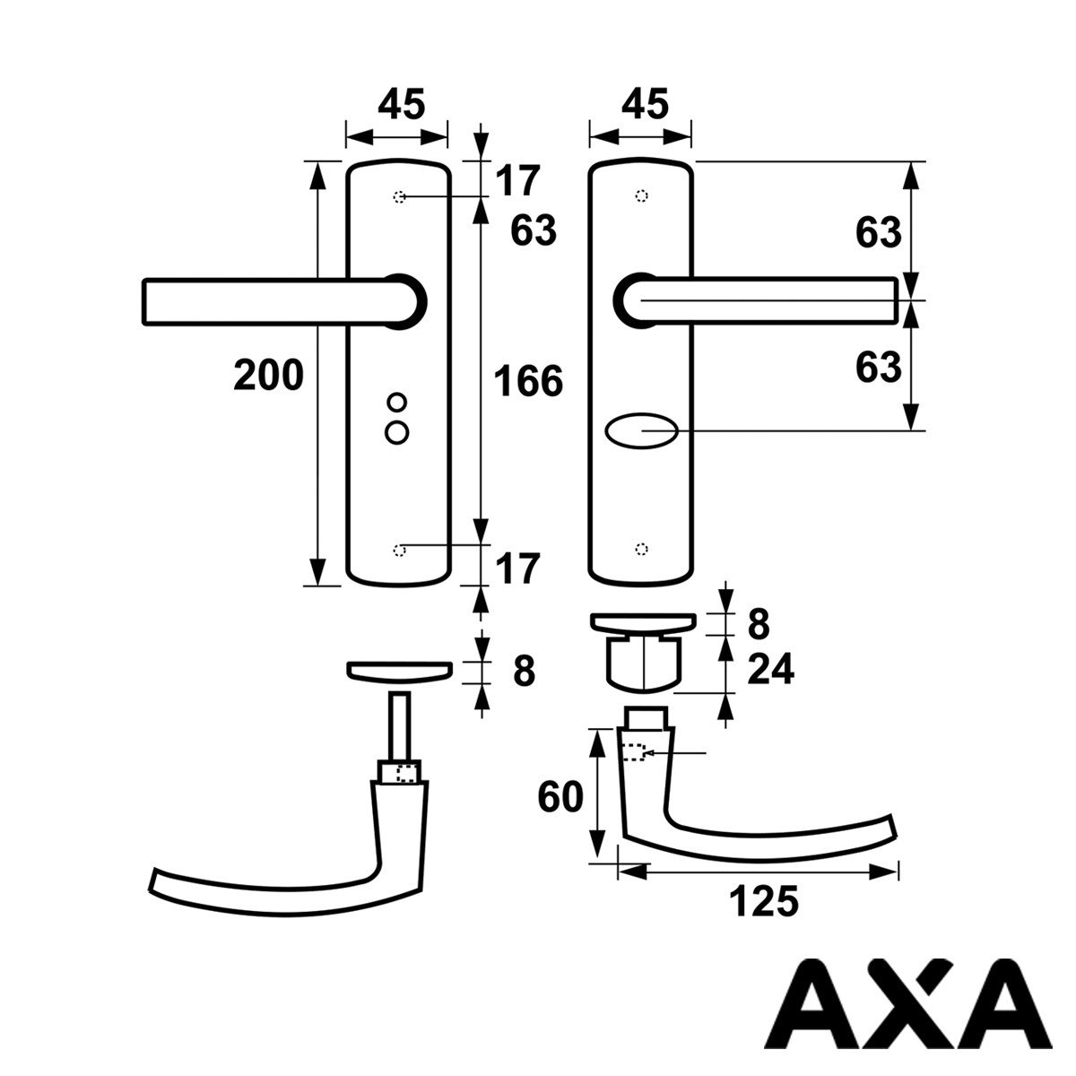 Alternatieve afbeelding voor Beschlag für Innentüren aluminium AXA WC-/Badezimmer 63/8 luxe