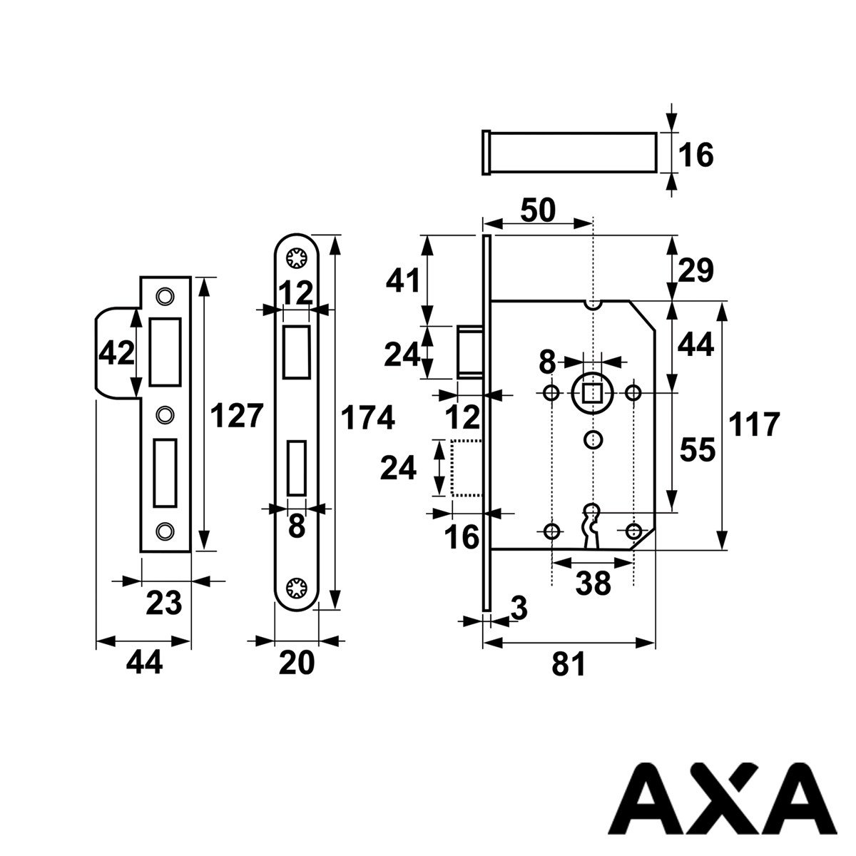 Alternatieve afbeelding voor Doppelschloß 55mm Frontplatte Weiß incl sluitplaat AXA