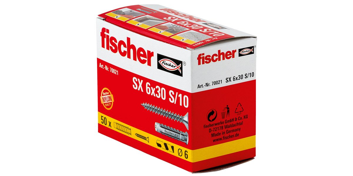 Alternatieve afbeelding voor fischer Dübel SX 6x30 S/10 mit Schrauben 4,5x40mm 50 Stück
