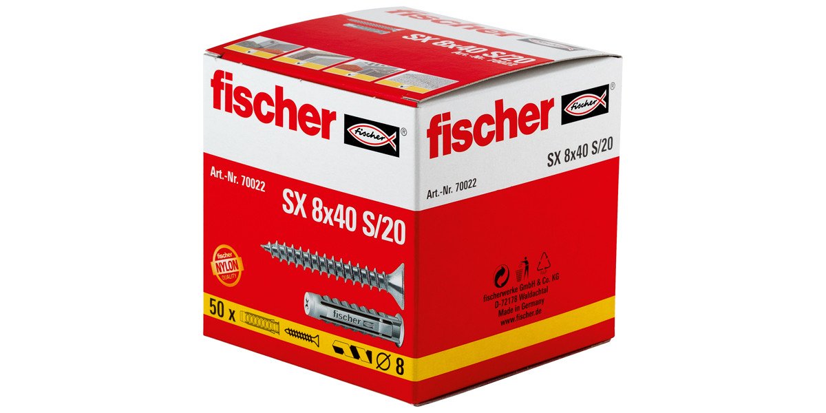 Alternatieve afbeelding voor fischer Dübel SX 8x40 S/20 mit Schrauben 5x55mm 50 Stück