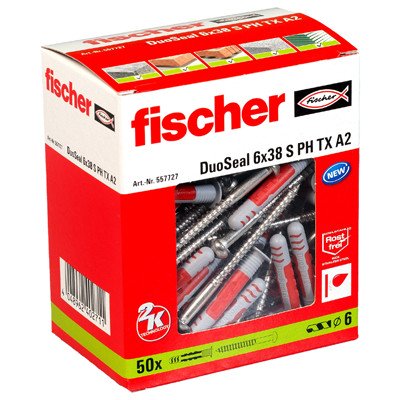 Alternatieve afbeelding voor fischer DuoSeal Dübel 6x38 S PH mit Edelstahl A2 TX Linsenkopfschrauben 4,5x60 50 Stück