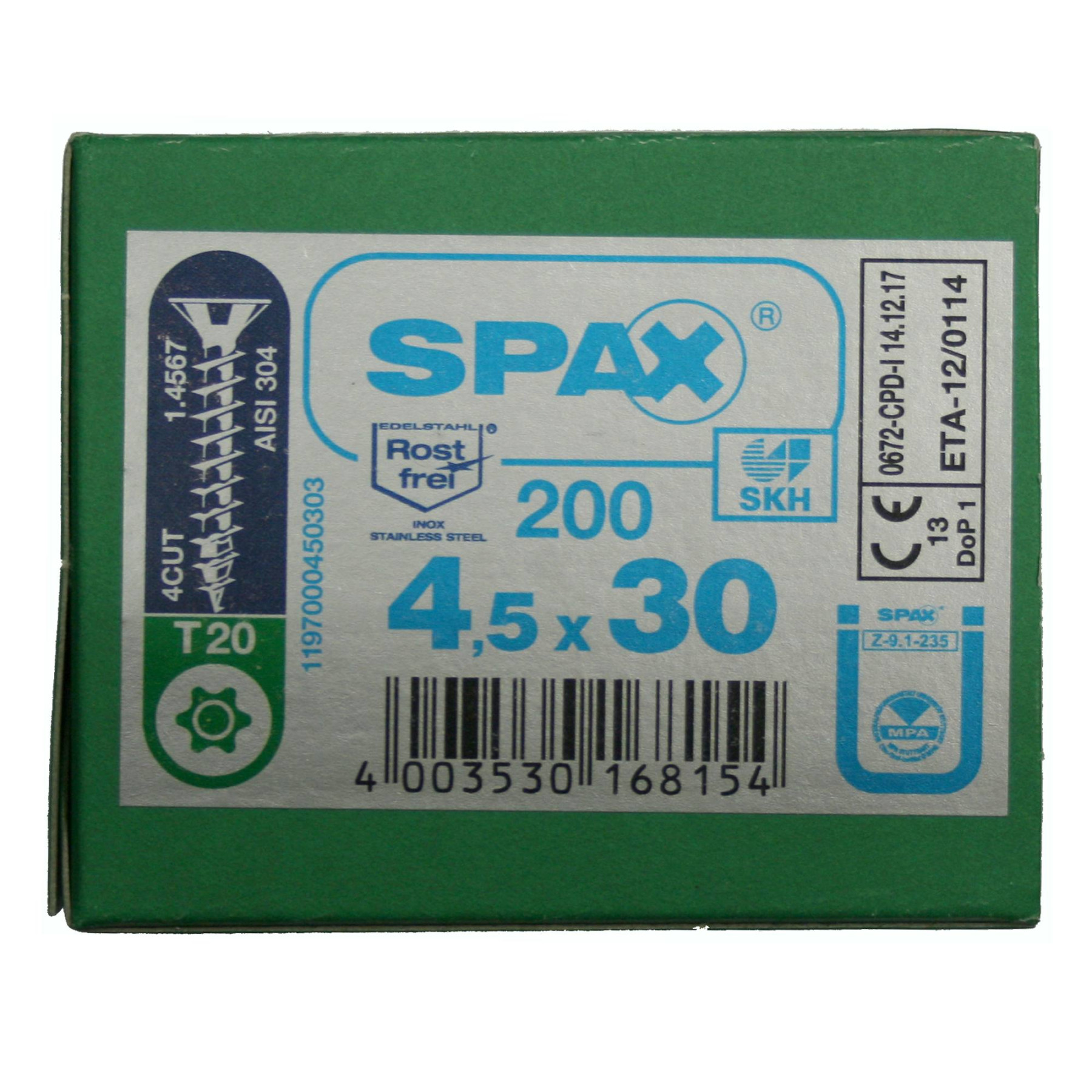 Alternatieve afbeelding voor Spax Spanplattenschrauben 4,5x30mm Edelstahl A2 Senkkopf TORX 200 Stück
