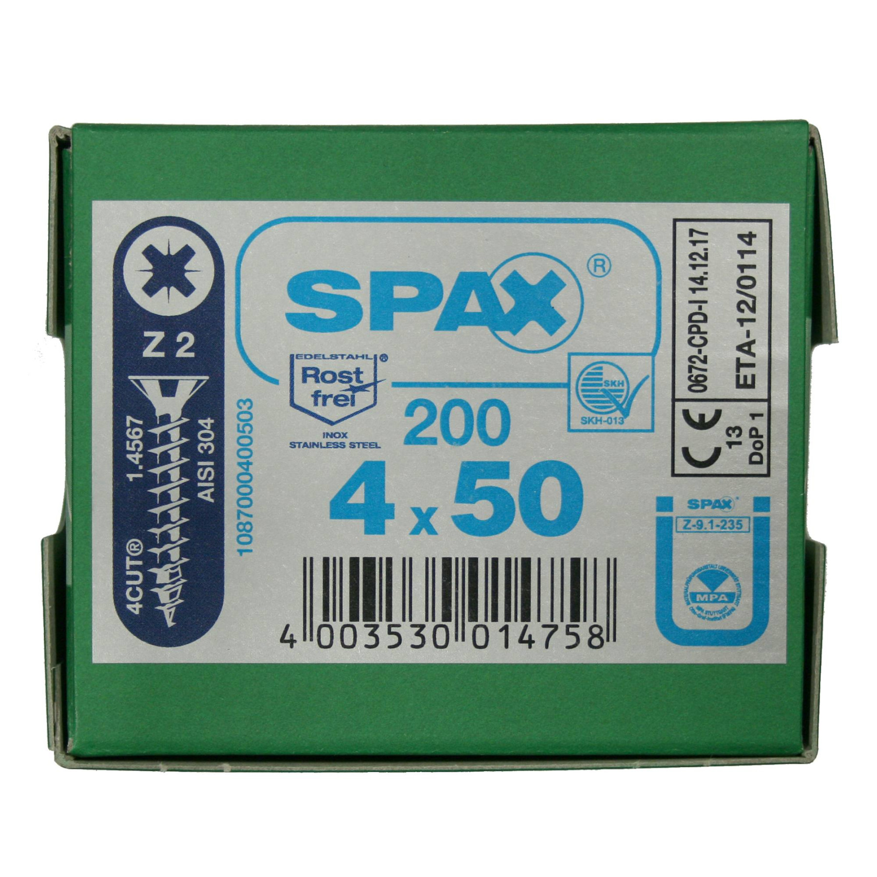 Alternatieve afbeelding voor Spax Spanplattenschrauben 4x50mm Edelstahl A2 Senkkopf POZI 200 Stück