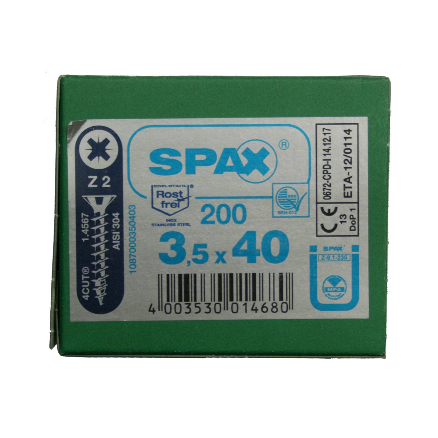 Alternatieve afbeelding voor Spax Spanplattenschrauben 3,5x40mm Edelstahl A2 Senkkopf POZI 200 Stück