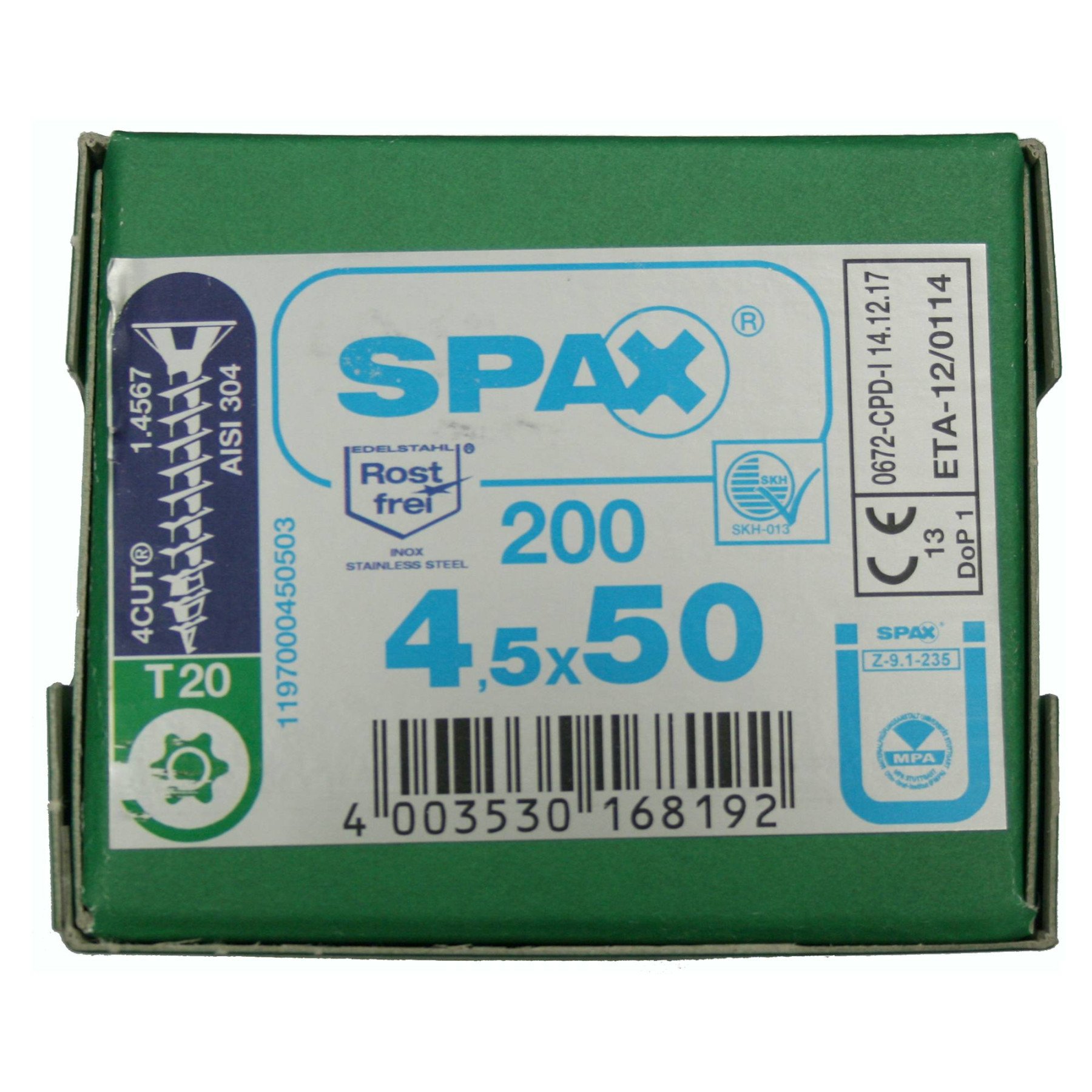 Alternatieve afbeelding voor Spax Spanplattenschrauben 4,5x50mm Edelstahl A2 Senkkopf TORX 200 Stück