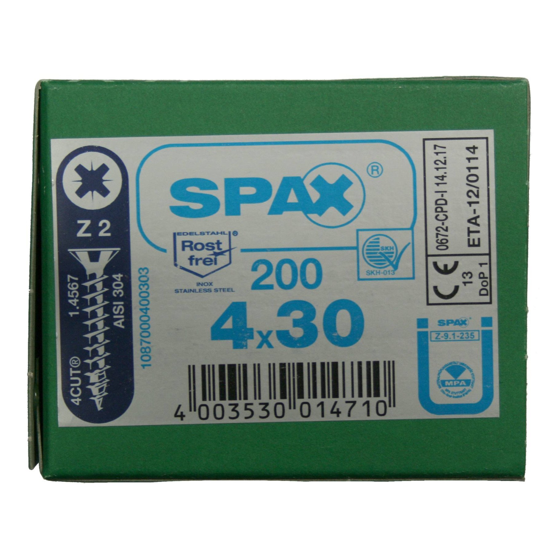 Alternatieve afbeelding voor Spax Spanplattenschrauben 4x30mm Edelstahl A2 Senkkopf POZI 200 Stück