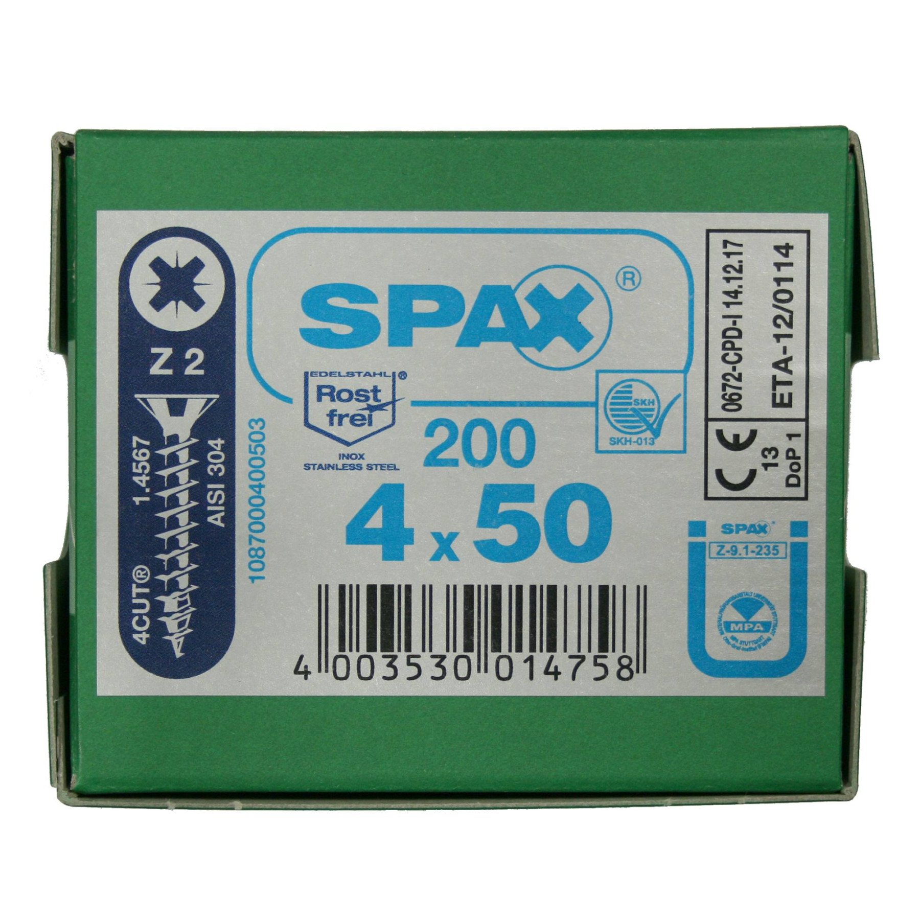 Alternatieve afbeelding voor Spax Spanplattenschrauben 4x50mm Edelstahl A2 Senkkopf POZI 200 Stück