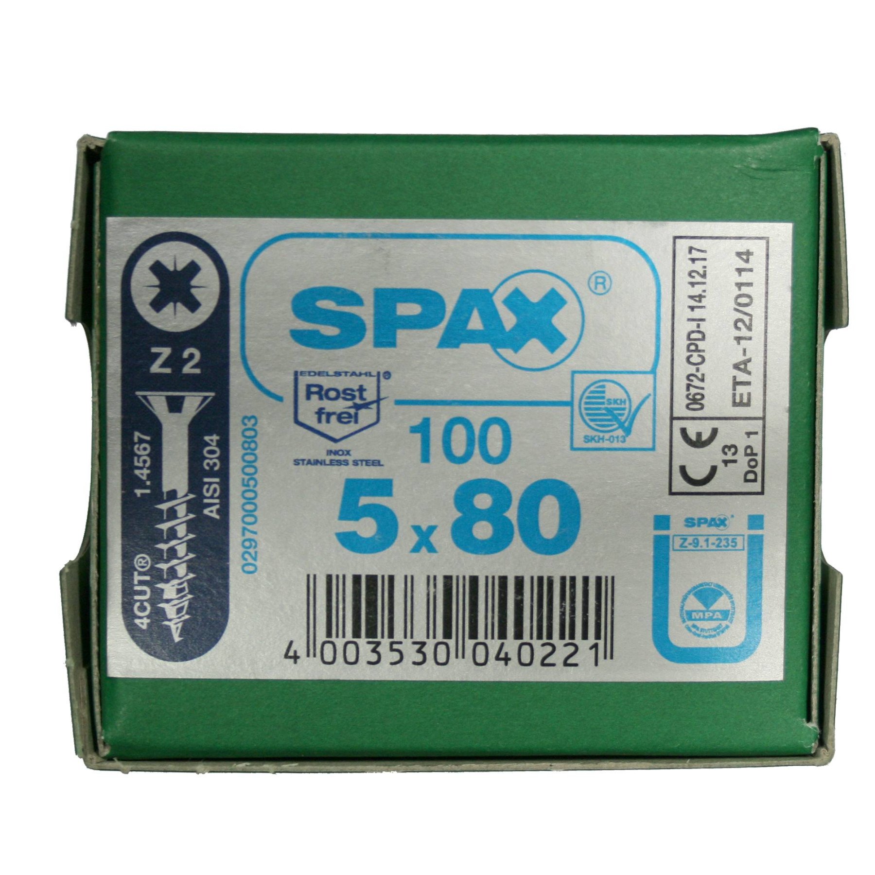 Alternatieve afbeelding voor Spax Spanplattenschrauben 5x80mm Teilgewinde Edelstahl A2 Senkkopf POZI 100 Stück