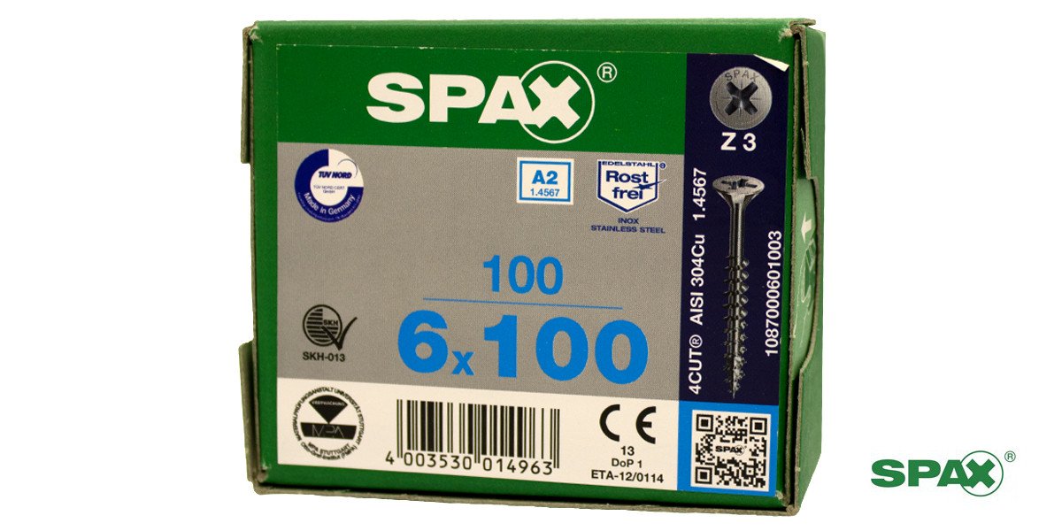 Alternatieve afbeelding voor Spax Spanplattenschrauben 6x100mm Teilgewinde Edelstahl A2 Senkkopf POZI 100 Stück