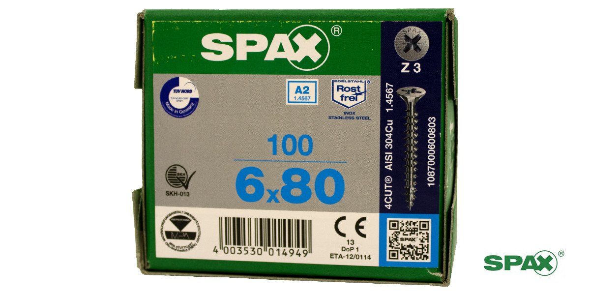 Alternatieve afbeelding voor Spax Spanplattenschrauben 6x80mm Teilgewinde Edelstahl A2 Senkkopf POZI 100 Stück