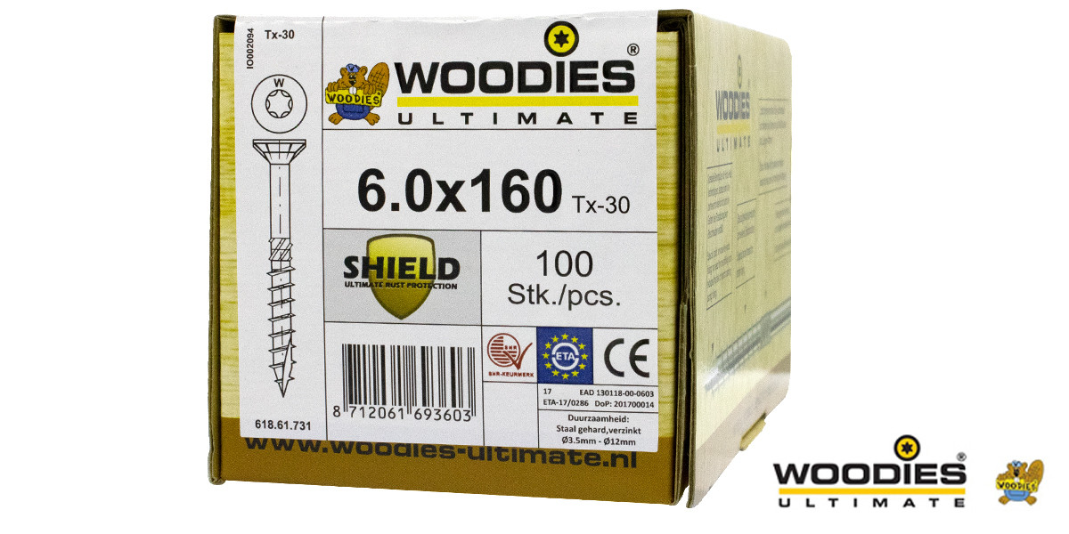 Alternatieve afbeelding voor Woodies Holzbauschrauben Senkkopf Shield TORX-25 6x160/70mm Teilgewinde 100 Stück