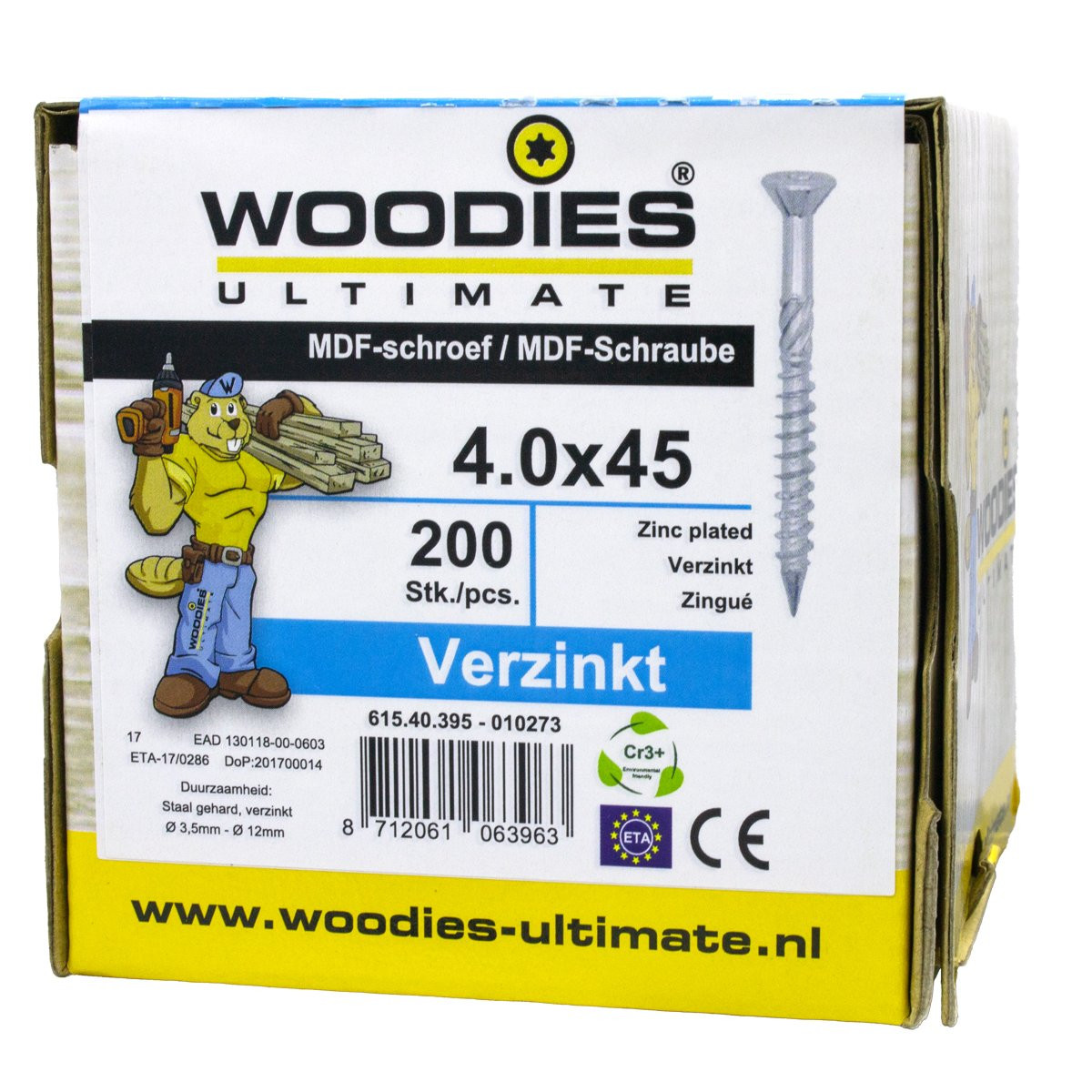 Alternatieve afbeelding voor Woodies MDF-Schrauben verzinkt TORX-15 Senkkopf 4x45/27mm Teilgewinde 200 Stück