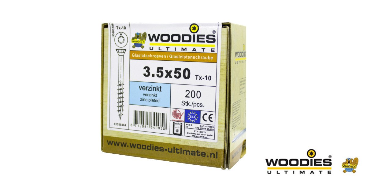 Alternatieve afbeelding voor Woodies Glasleistenschrauben verzinkt TORX-10 Senkkopf 3,5x50/30 Teilgewinde 200 Stück