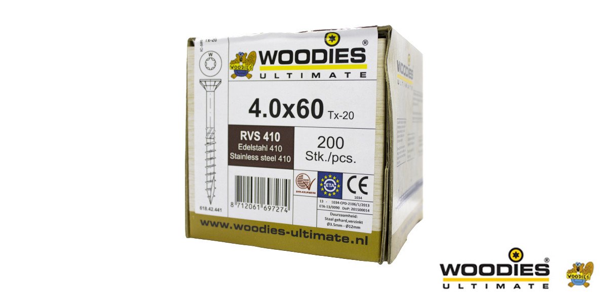 Alternatieve afbeelding voor Woodies Holzbauschrauben Edelstahl C1 / 410 TORX-20 Senkkopf 4x60/35mm Teilgewinde 200 Stück