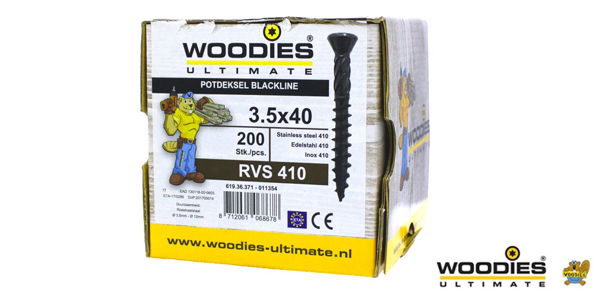 Alternatieve afbeelding voor Woodies Holzbauschrauben Kopflackiert Blackline Edelstahl C1 / 410 Schwarz TORX-10 3,5x40 Fräskopf 200 Stück 