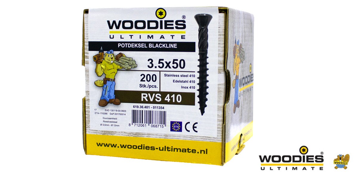 Alternatieve afbeelding voor Woodies Holzbauschrauben Kopflackiert Blackline Edelstahl C1 / 410 Schwarz TORX-10 3,5x50 Fräskopf 200 Stück 