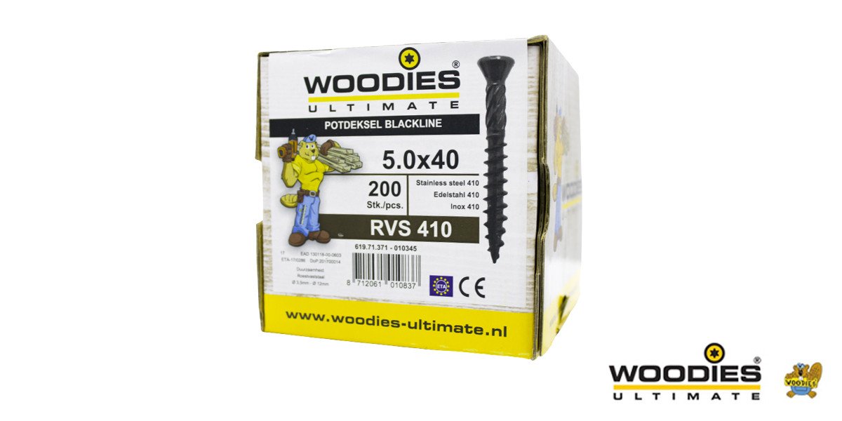 Alternatieve afbeelding voor Woodies Holzbauschrauben Kopflackiert Blackline Edelstahl C1 / 410 Schwarz TORX-25 5x40 Fräskopf 200 Stück 