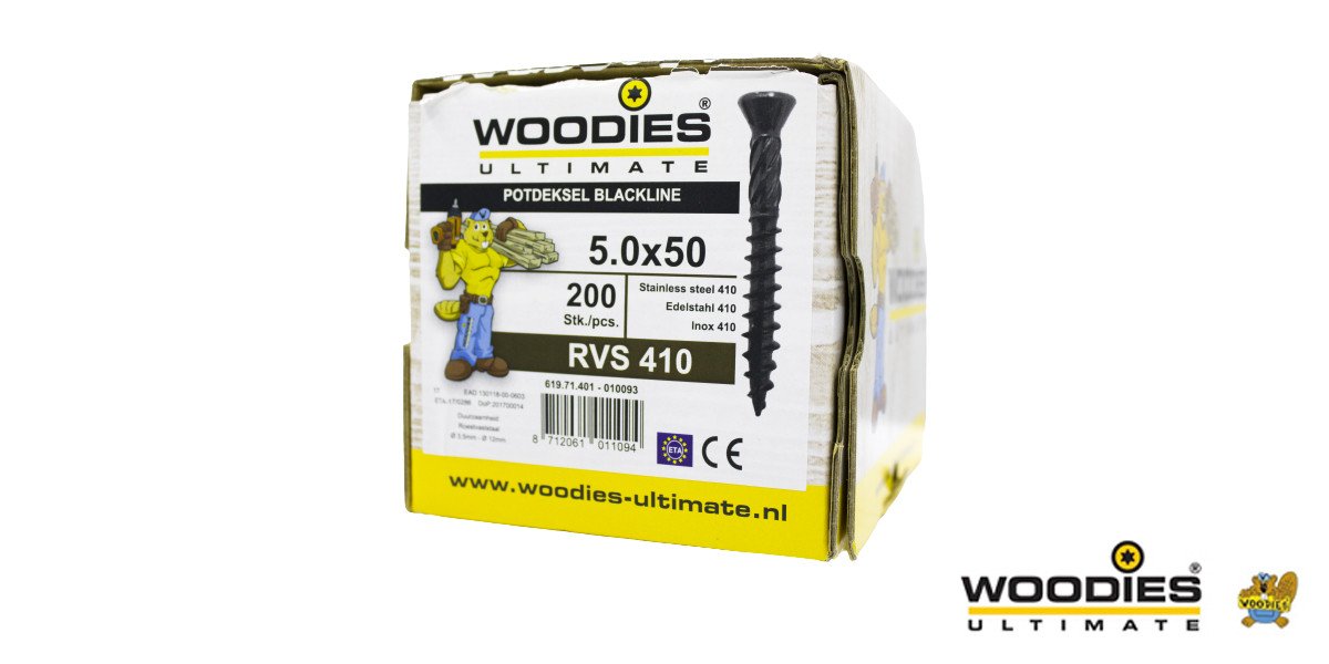 Alternatieve afbeelding voor Woodies Holzbauschrauben Kopflackiert Blackline Edelstahl C1 / 410 Schwarz TORX-25 5x50 Fräskopf 200 Stück 