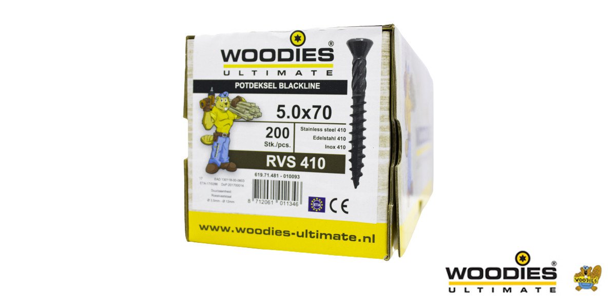 Alternatieve afbeelding voor Woodies Holzbauschrauben Kopflackiert Blackline Edelstahl C1 / 410 Schwarz TORX-25 5x70 Fräskopf 200 Stück 