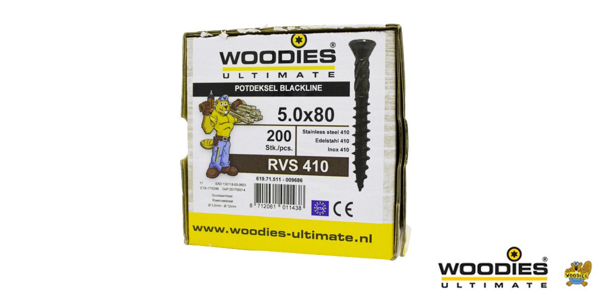 Alternatieve afbeelding voor Woodies Holzbauschrauben Kopflackiert Blackline Edelstahl C1 / 410 Schwarz TORX-25 5x80 Fräskopf 200 Stück 