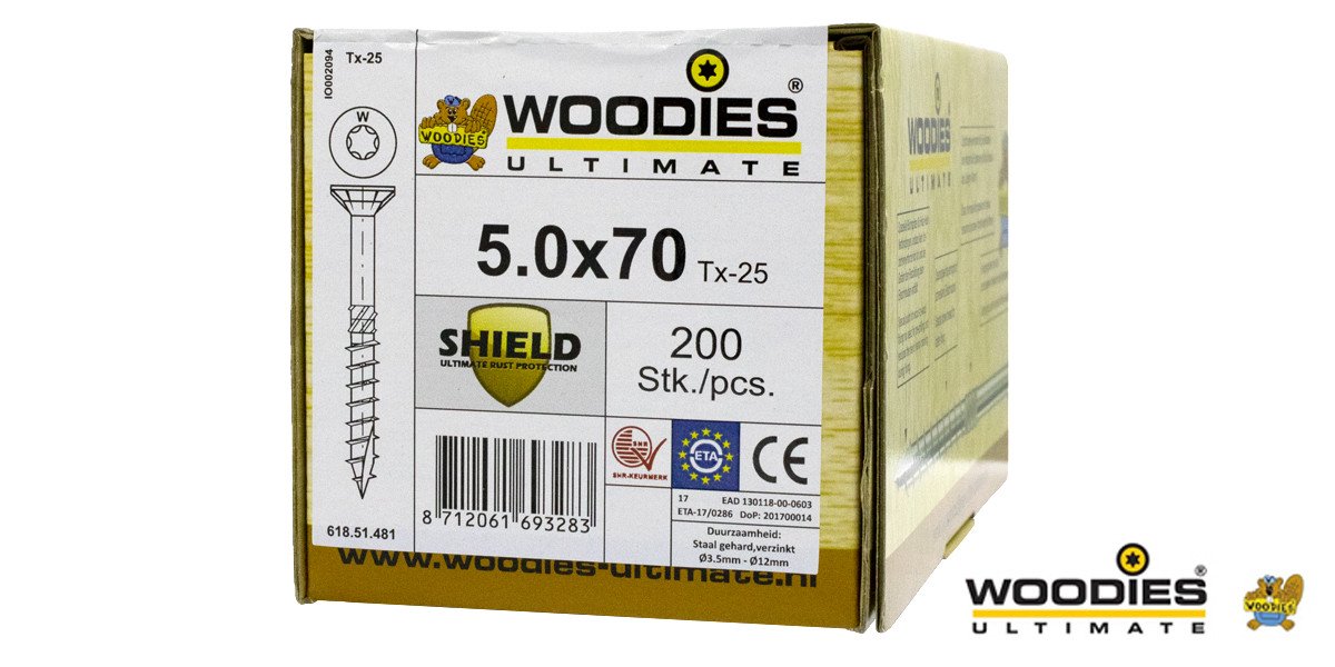 Alternatieve afbeelding voor Woodies Holzbauschrauben Senkkopf Shield TORX-25 5x70/40mm Teilgewinde 200 Stück