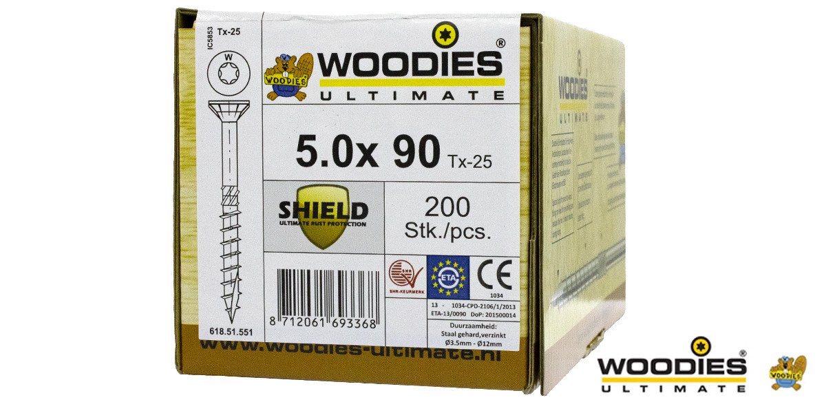 Alternatieve afbeelding voor Woodies Holzbauschrauben Senkkopf Shield TORX-25 5x90/55mm Teilgewinde 200 Stück