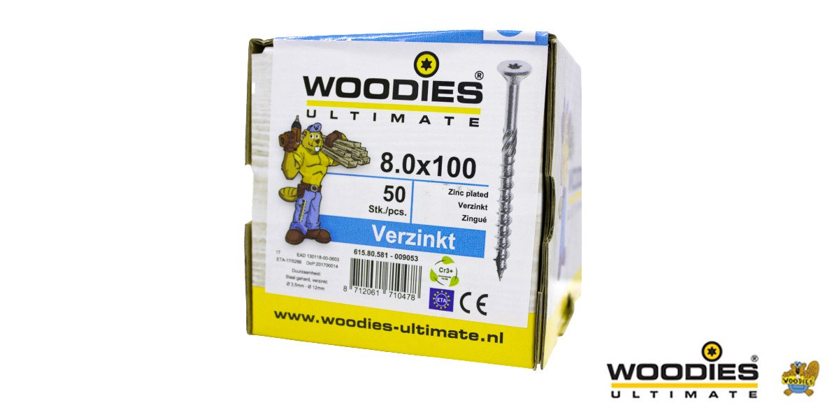 Alternatieve afbeelding voor Woodies Holzbauschrauben verzinkt TORX-40 Senkkopf 8x100/60mm Teilgewinde 50 Stück