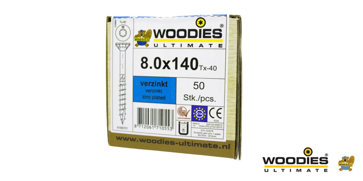 Alternatieve afbeelding voor Woodies Holzbauschrauben verzinkt TORX-40 Senkkopf 8x140/80mm Teilgewinde 50 Stück