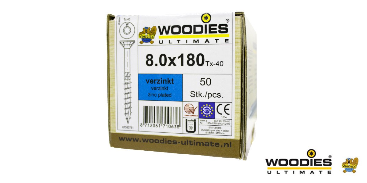 Alternatieve afbeelding voor Woodies Holzbauschrauben verzinkt TORX-40 Senkkopf 8x180/80mm Teilgewinde 50 Stück