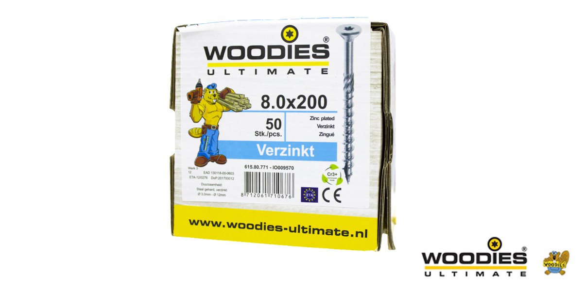 Alternatieve afbeelding voor Woodies Holzbauschrauben verzinkt TORX-40 Senkkopf 8x200/80mm Teilgewinde 50 Stück