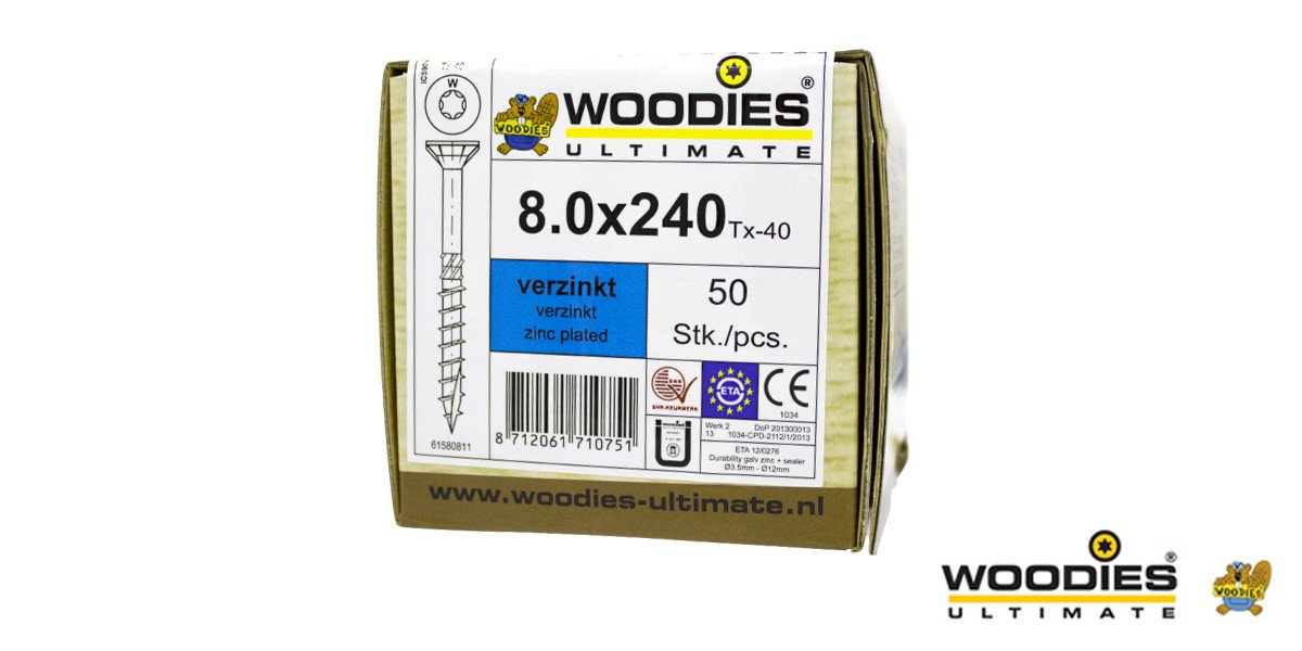 Alternatieve afbeelding voor Woodies Holzbauschrauben verzinkt TORX-40 Senkkopf 8x240/80mm Teilgewinde 50 Stück