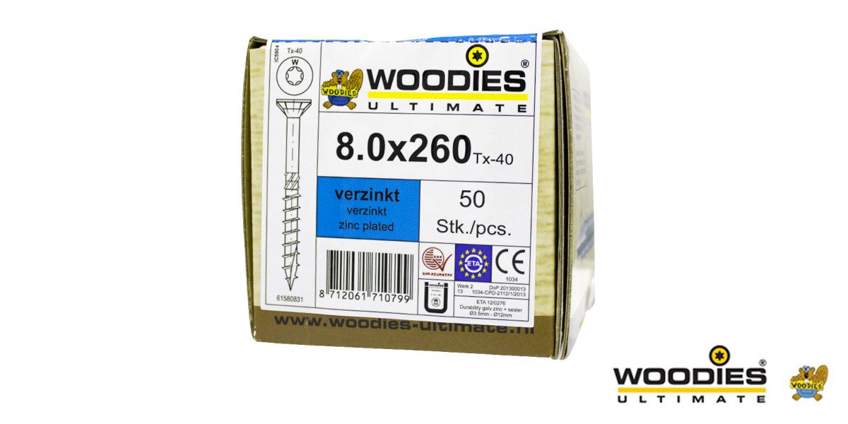 Alternatieve afbeelding voor Woodies Holzbauschrauben verzinkt TORX-40 Senkkopf 8x260/80mm Teilgewinde 50 Stück