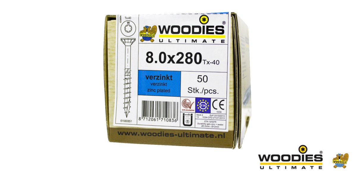 Alternatieve afbeelding voor Woodies Holzbauschrauben verzinkt TORX-40 Senkkopf 8x280/80mm Teilgewinde 50 Stück