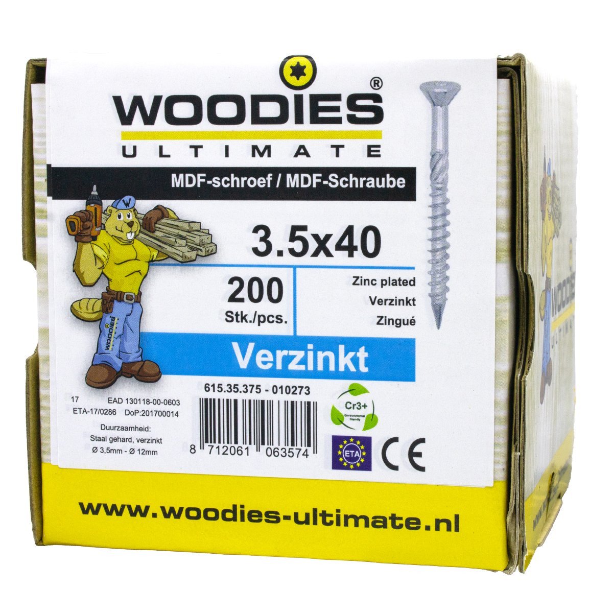 Alternatieve afbeelding voor Woodies MDF-Schrauben verzinkt TORX-15 Senkkopf 3,5x40/24mm Teilgewinde 200 Stück