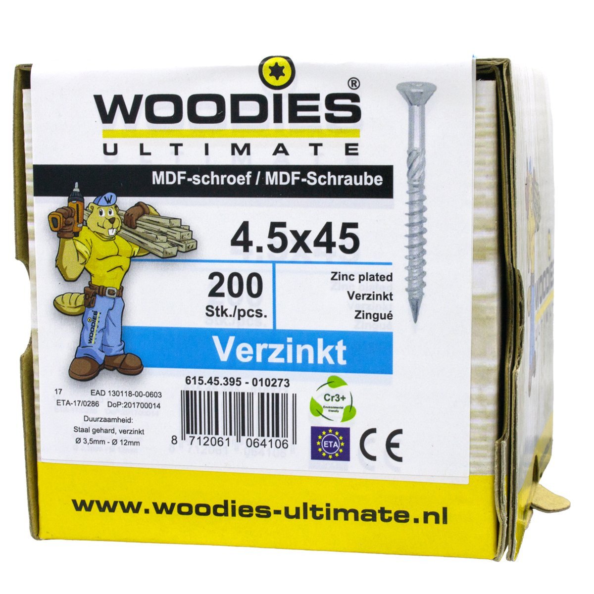 Alternatieve afbeelding voor Woodies MDF-Schrauben verzinkt TORX-15 Senkkopf 4,5x45/27mm Teilgewinde 200 Stück
