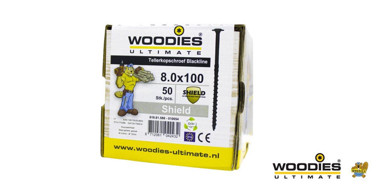 Alternatieve afbeelding voor Woodies Tellerkopf Holzbauschrauben Blackline Shield TORX-40 8x100/50mm Teilgewinde 50 Stück