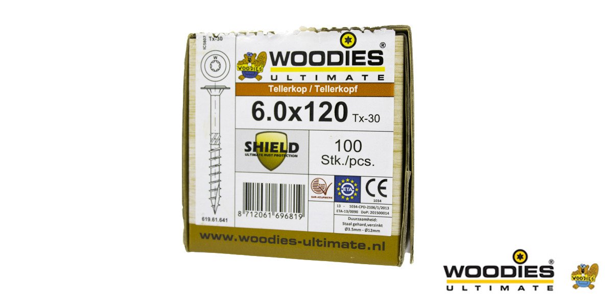 Alternatieve afbeelding voor Woodies Tellerkopf Holzbauschrauben Shield TORX-30 6x120/60mm Teilgewinde 100 Stück