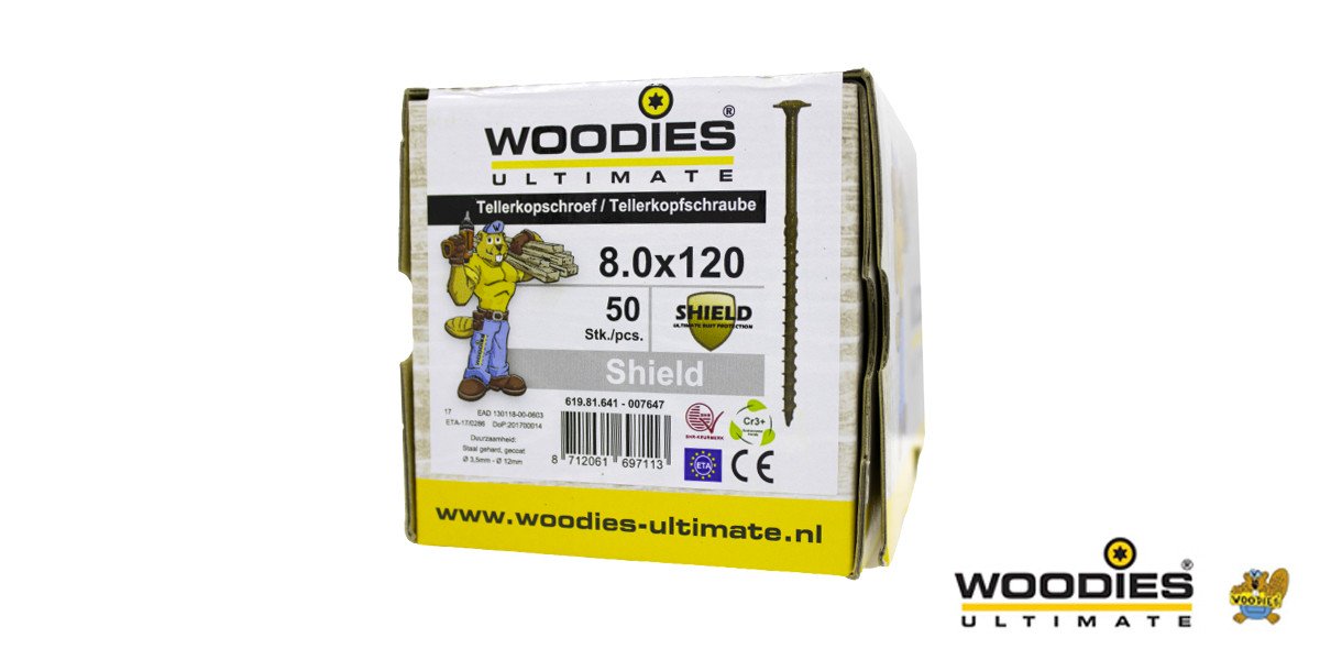 Alternatieve afbeelding voor Woodies Tellerkopf Holzbauschrauben Shield TORX-40 8x120/80mm Teilgewinde 50 Stück