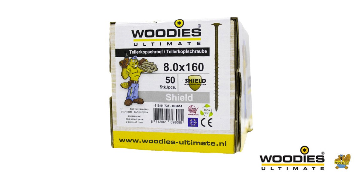 Alternatieve afbeelding voor Woodies Tellerkopf Holzbauschrauben Shield TORX-40 8x160/80mm Teilgewinde 50 Stück