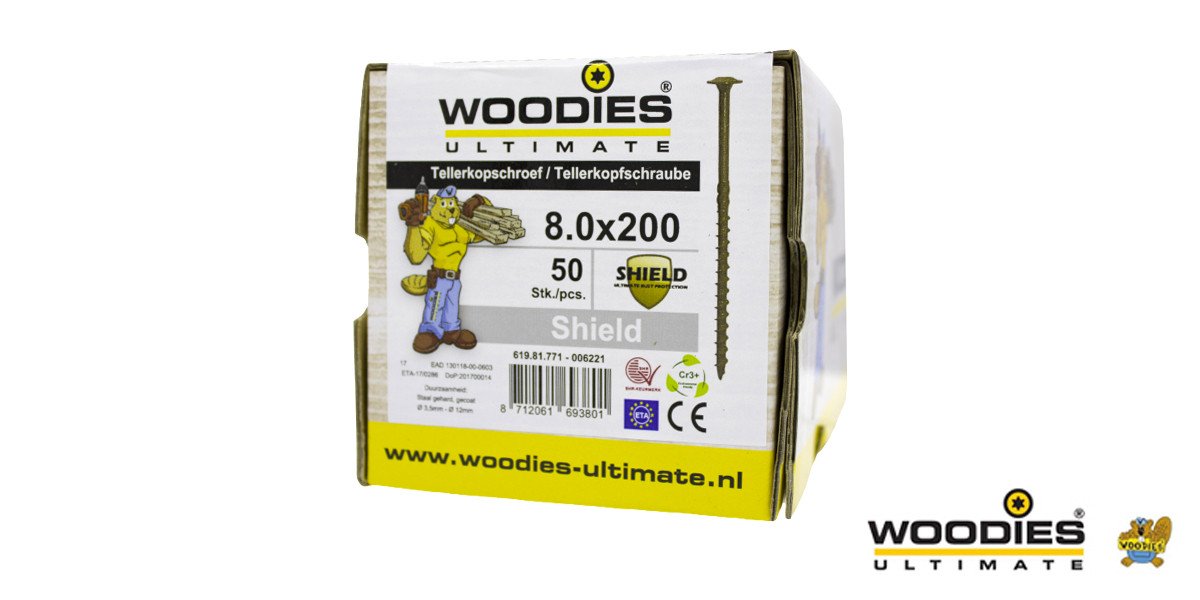 Alternatieve afbeelding voor Woodies Tellerkopf Holzbauschrauben Shield TORX-40 8x200/80mm Teilgewinde 50 Stück
