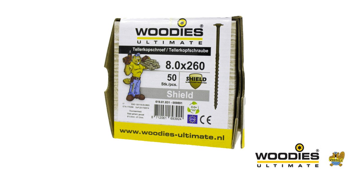 Alternatieve afbeelding voor Woodies Tellerkopf Holzbauschrauben Shield TORX-40 8x260/80mm Teilgewinde 50 Stück