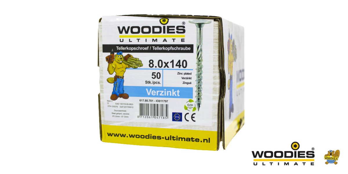 Alternatieve afbeelding voor Woodies Tellerkopf Holzbauschrauben TORX-40 verzinkt 8x140/80mm Teilgewinde 50 Stück