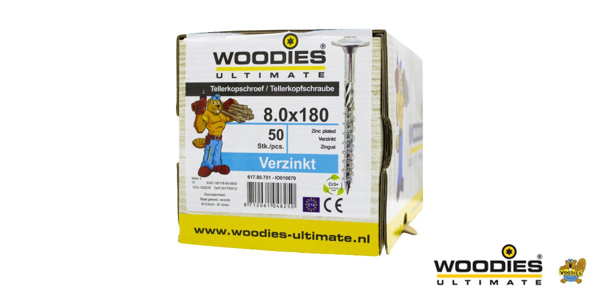 Alternatieve afbeelding voor Woodies Tellerkopf Holzbauschrauben TORX-40 verzinkt 8x180/80mm Teilgewinde 50 Stück
