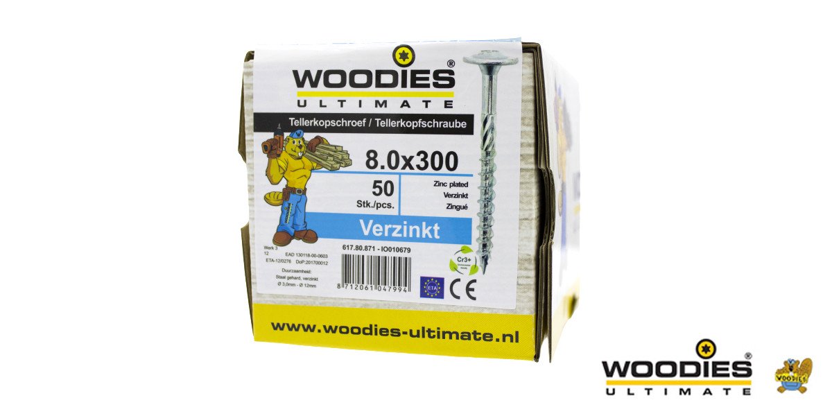 Alternatieve afbeelding voor Woodies Tellerkopf Holzbauschrauben TORX-40 verzinkt 8x300/80mm Teilgewinde 50 Stück