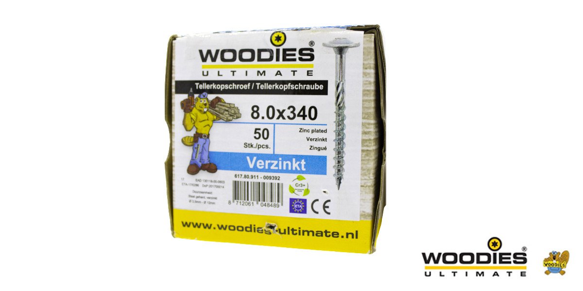 Alternatieve afbeelding voor Woodies Tellerkopf Holzbauschrauben TORX-40 verzinkt 8x340/80mm Teilgewinde 50 Stück