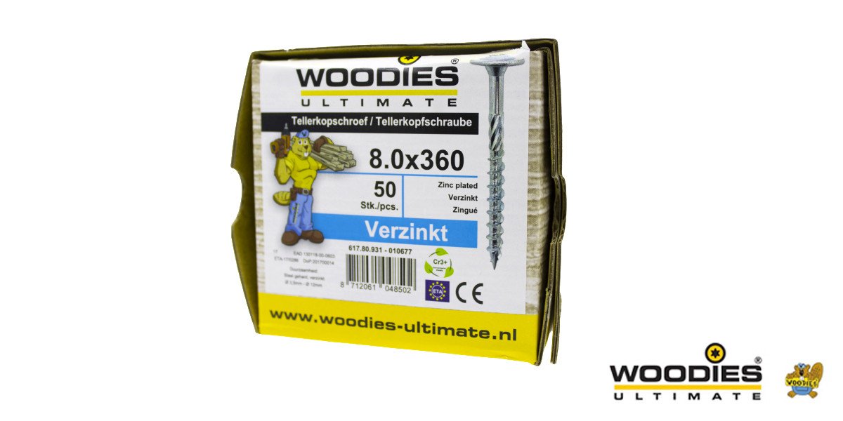 Alternatieve afbeelding voor Woodies Tellerkopf Holzbauschrauben TORX-40 verzinkt 8x360/80mm Teilgewinde 50 Stück